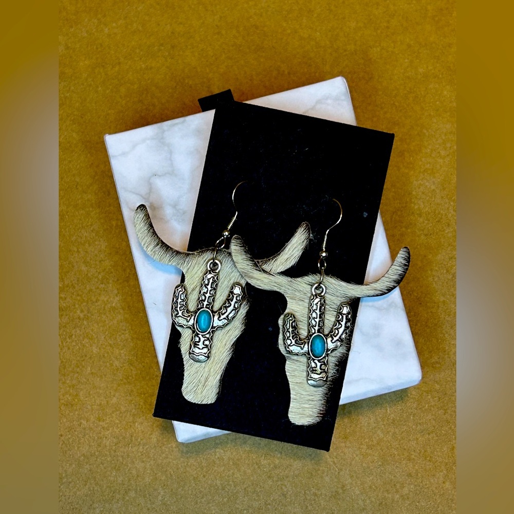 #11 | Hide Cutout | Longhorn | Turquoise | Cactus Pendant Earrings